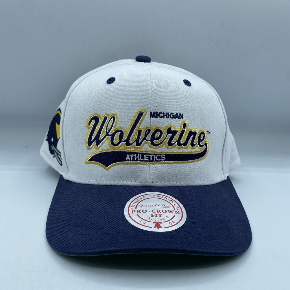 Michigan Wolverines Mitchell & Ness Hat Pro Crown Snapback White Blue NCAA NWOT*